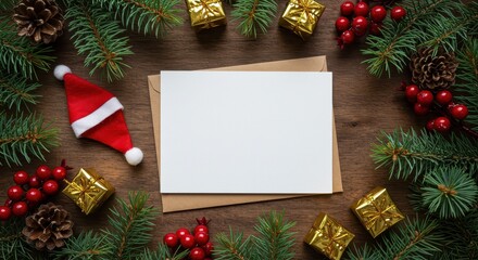 A festive arrangement featuring a blank white card and a brown envelope placed on a wooden surface