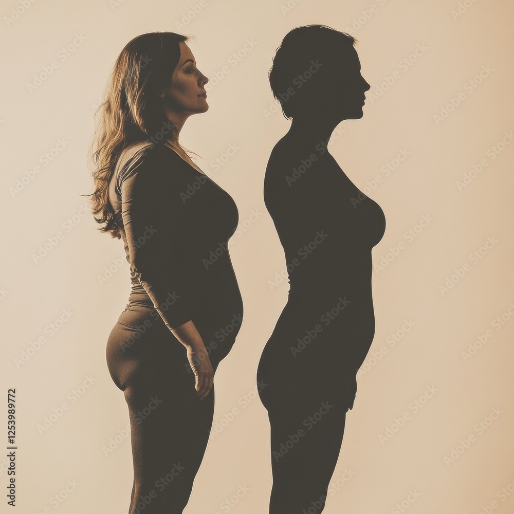 Poster Weight loss transformation silhouette showing progress in body shape and confidence over time. Generative AI