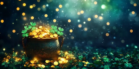 Pot of gold and glowing shamrocks under starry sky