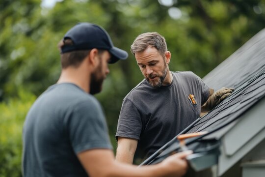 Roofer discusses repair options and costs with homeowner in a sunny outdoor setting