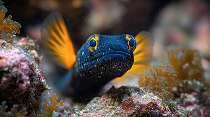 Obraz premium Spectacular Close-up of a Small, Dark-Colored Fish with Bright Orange Fins Amidst Vibrant Coral Reef