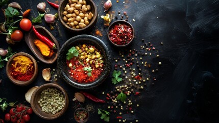 Spices and herbs in colorful bowls on a rustic surface