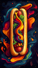 Colorful Gourmet Hot Dog with Vibrant Toppings: A Surreal Abstract Food Art Illustration
