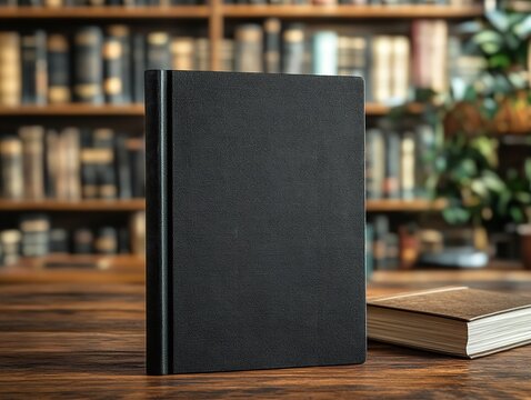 Black book cover mockup placed on a wooden table with a library background, 3D rendering for design presentation