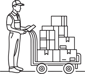 Vector Art of Delivery Driver with Hand Truck Full of Packages