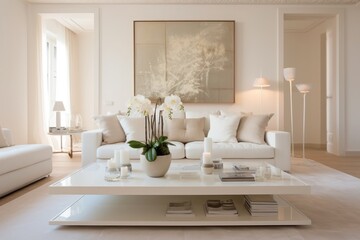 Fototapeta premium Modern living room featuring a stylish white sofa, elegant coffee table, and beautiful floral arrangement in a well-lit, contemporary space