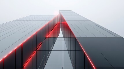 Red-lit modern skyscraper, city view