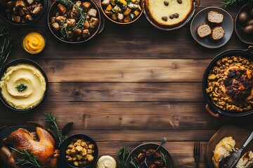 Delicious festive feast table with roasted turkey and an array of traditional side dishes on a wooden surface : Generative AI