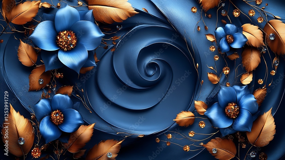 Poster vibrant blue floral design with gold accents creating an elegant swirling pattern : generative ai