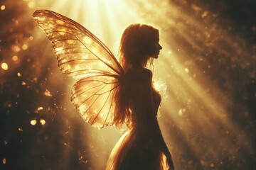 Enchanted fairy in ethereal light forest fantasy art magical silhouette view whimsical dream