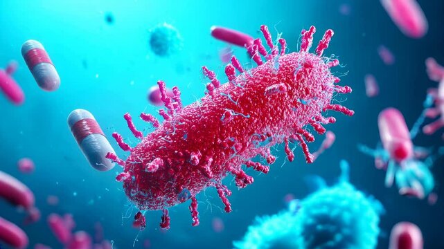Microscopic view of bacteria forming shield around antibiotics, Healthcare concept, AMR antibiotic resistance threat in medical treatment
