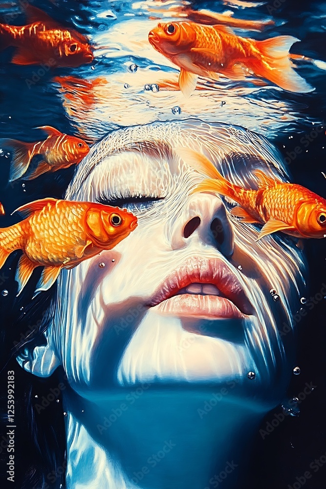 Poster artistic underwater portrait of woman surrounded by goldfish creating serene and captivating scene :