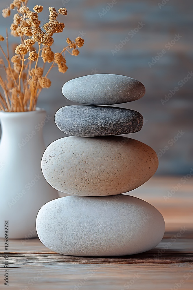 Poster beautifully arranged smooth stones stacked with a delicate flower arrangement for a serene and calmi