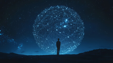 Abstract neural network globe, dark blue background, man observing, digital brain concept ai, neuroscience. Neural Network Consciousness. Illustration