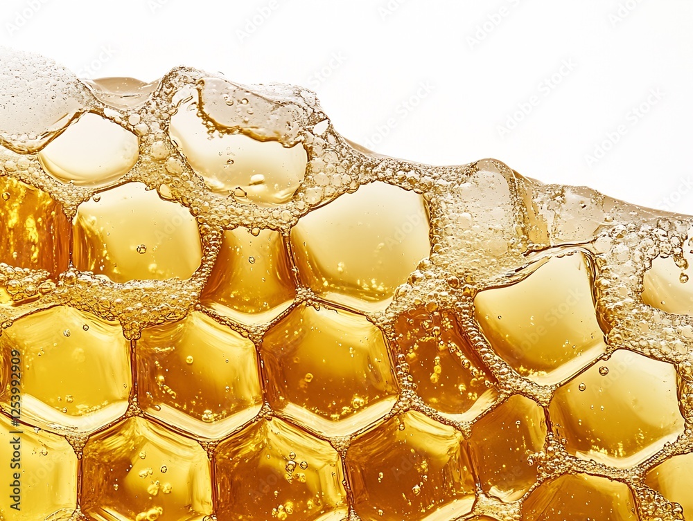 Poster close up of honeycomb with rich golden honey and bubbles captured in detail : generative ai