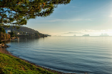 Misty seascape in Elefsina Bay, Greece