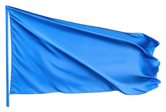 Bright blue flag fluttering on a pole in the wind