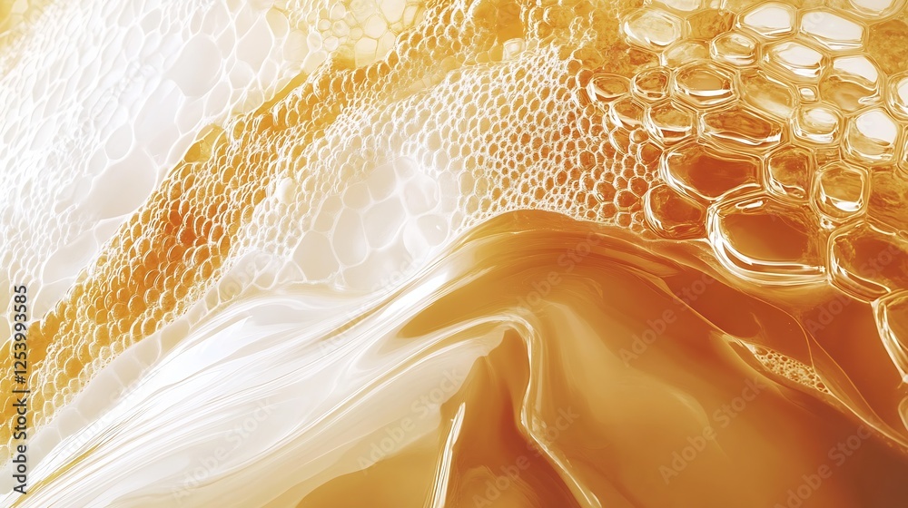 Poster close-up of golden honey texture with bubbles and smooth creamy surface : generative ai