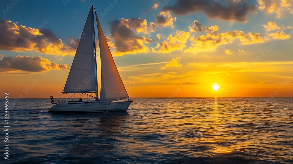 Poster sailing yacht gliding across the calm ocean at sunset creating a stunning scenic view : generative a