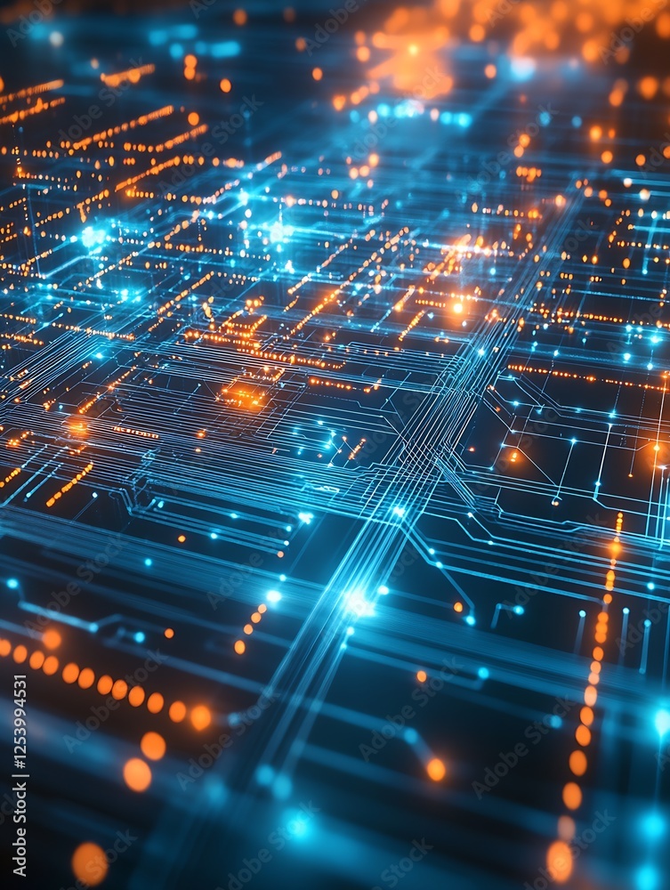 Poster Futuristic Digital Circuit Board Close Up with Glowing Lights and Complex Patterns in Neon Blue and Orange : Generative AI