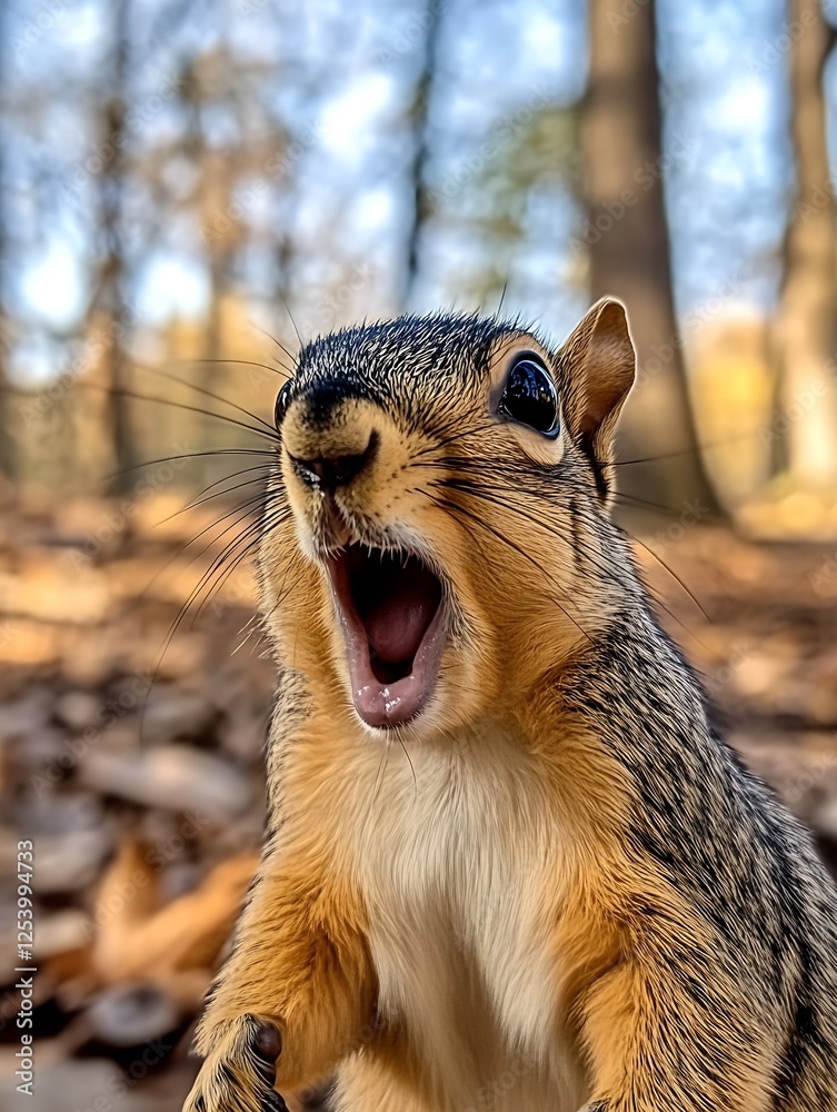 Poster expressive squirrel with mouth wide open surrounded by autumn leaves : generative ai