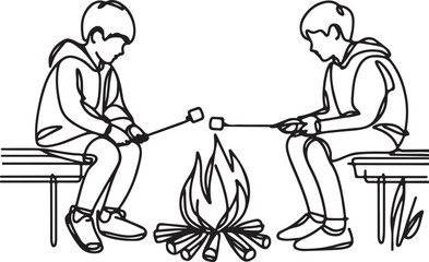 Campfire Moment. Two Boys Roasting Marshmallows Vector Art