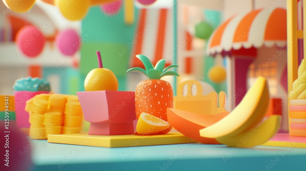 Wall mural Colorful fruit and juice stand in a playful 3D design