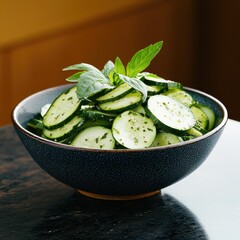Elegant zucchini ribbons in a bowl soft natural light enhancing green shades eye-level photography food presentation