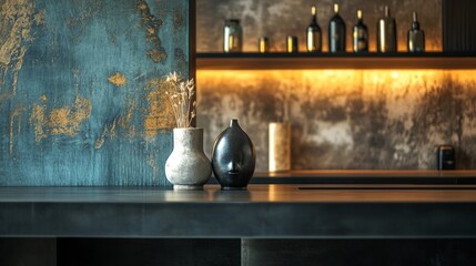Modern kitchen with rustic blue walls and wooden details
