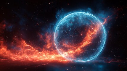 A digitally enhanced global sphere with blue and red energy patterns forming a web