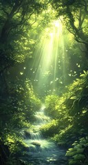 Obraz premium Sunlit forest stream, butterflies, lush foliage, tranquil scene, nature background