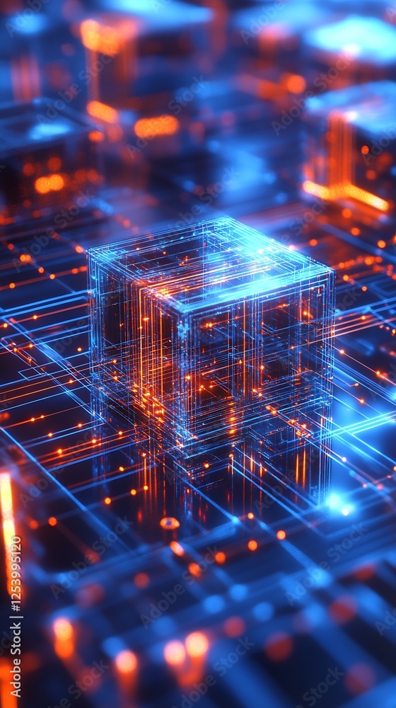 Aufkleber Futuristic Technology Concept with Glowing 3D Cubes on a Circuit Board Displaying Data Flow : Generative AI