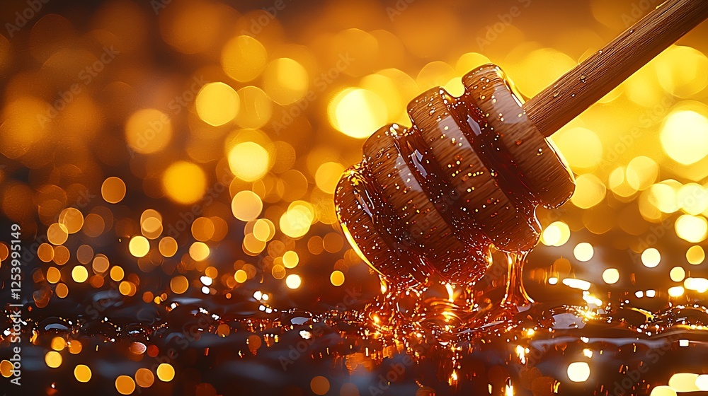 Poster luscious honey dripping from a wooden dipper against a dazzling bokeh background : generative ai