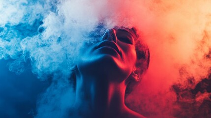 Fototapeta premium Abstract portrait of a person enveloped in red and blue smoke