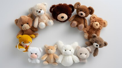 Plush teddy bears arranged in a circle on light grey background. Flat lay composition. Soft toy concept for baby and childhood design

