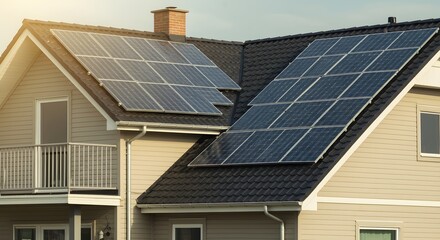 Fototapeta premium solar panel fitted on the house roof, Sustainable Energy, Clean energy at home, banner type