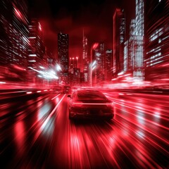 Futuristic sports car speeding through neon city with red motion blur