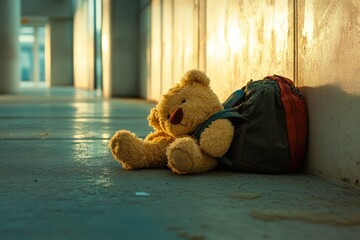 Heartfelt Postcard: Lonely Teddy Bear Resting on Concrete, Symbolizing Missing Children and Childhood Loss