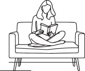 Elegant Line Art of a Young Woman Reading a Book on Couch – Vector Illustration