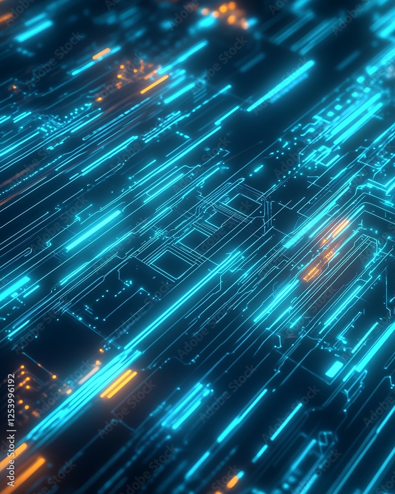 Aufkleber Futuristic close up of glowing digital circuits creating a mesmerizing abstract pattern in bright blue and orange hues : Generative AI