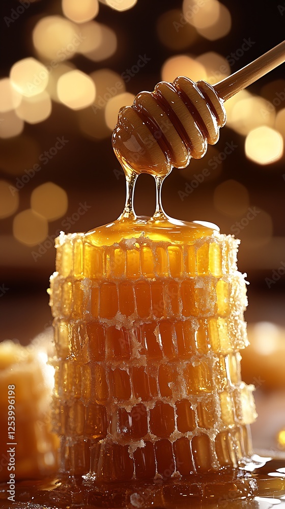 Poster golden honey dripping from a honeycomb in a warm and inviting atmosphere : generative ai