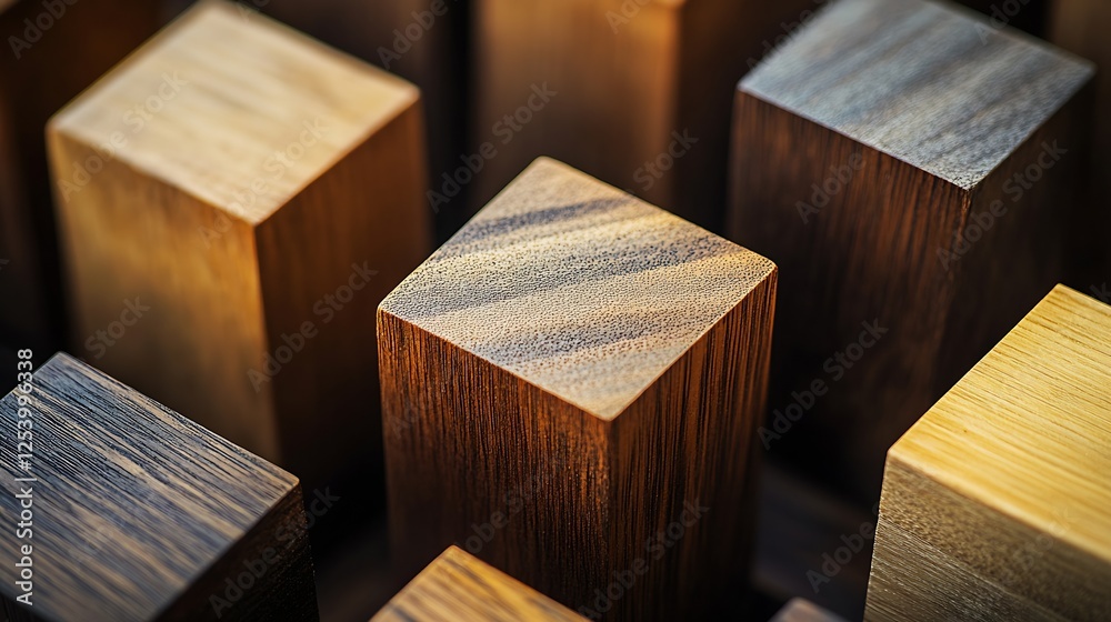 Poster An array of wooden blocks showcasing various textures and colors arranged artistically on a table : Generative AI