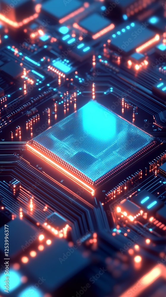 Fototapete Futuristic close-up of a computer circuit board showcasing intricate details and glowing technology : Generative AI