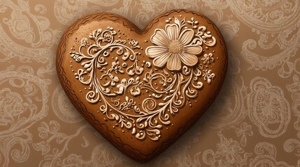 Fototapeta premium Decorative gingerbread heart with floral patterns on ornate background for Oktoberfest