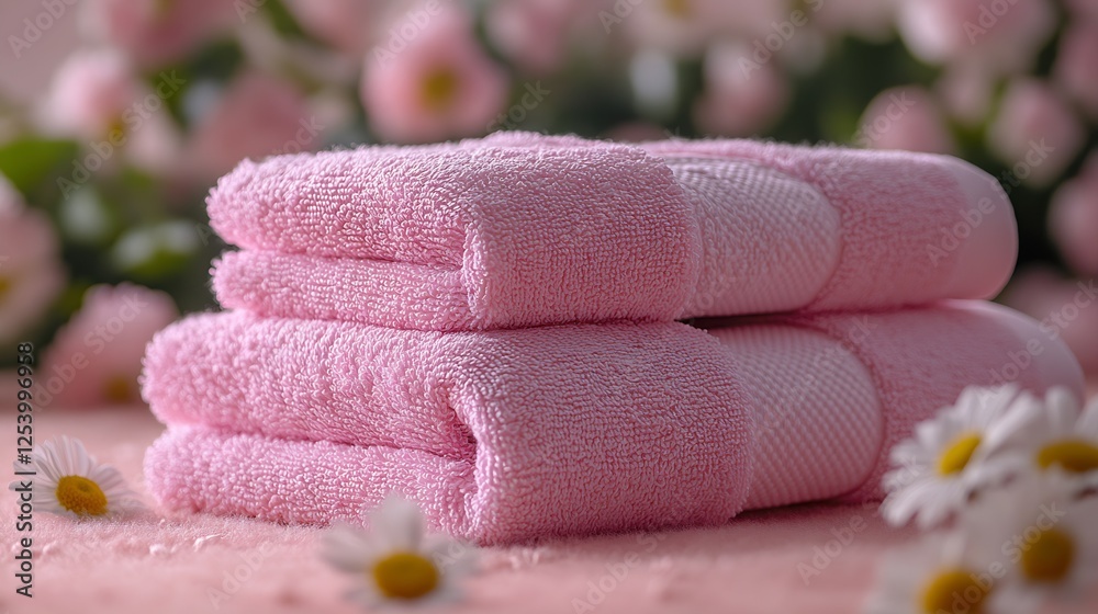 Poster elegant soft pink towels stacked neatly on floral background with daisies : generative ai