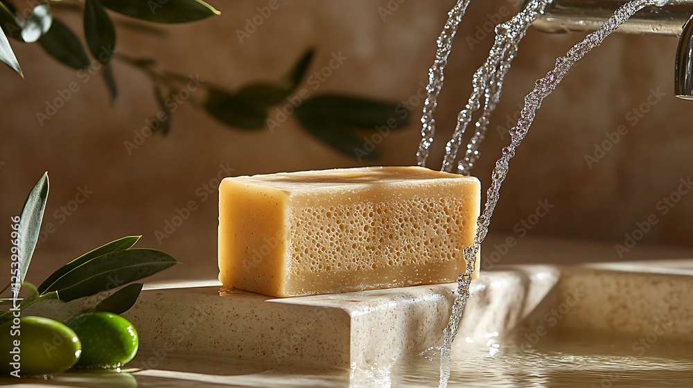 Poster artisan soap bar under water with olive branch and fresh ingredients enhancing spa vibe : generative