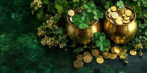 golden pots with coins and shamrocks for luck