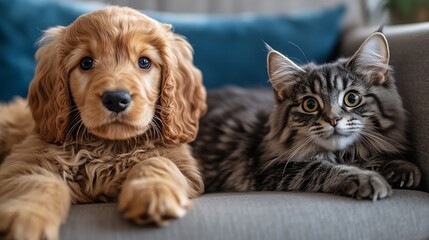 Adorable puppy and fluffy kitten lounging together on a cozy couch showcasing their playful bond : Generative AI