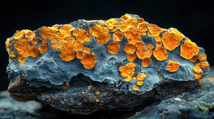 Obraz premium Vibrant Orange and Blue Lichen Close-Up: Detailed Macro Photograph of a Lichen Specimen Showcasing its Intricate Texture and Striking Color Contrast Against a Dark Background
