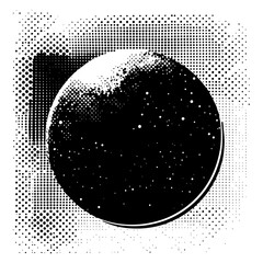black and white vector of a planet in space with halftone background and glowing star field